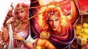 Изображение мифологических фигур, рекламирующих турнир Blitz Spinomenal в Club Vulkan на фоне яркого света и сокровищ.