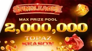 Изображение, рекламирующее турнир Spinoleague Topaz Season в Club Vulkan с призовым фондом в 2 миллиона евро на фоне огненной сцены.